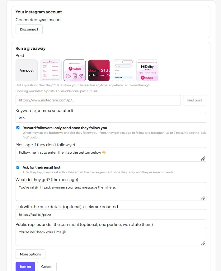 Setting up a giveaway: pick a post, a keyword and a message