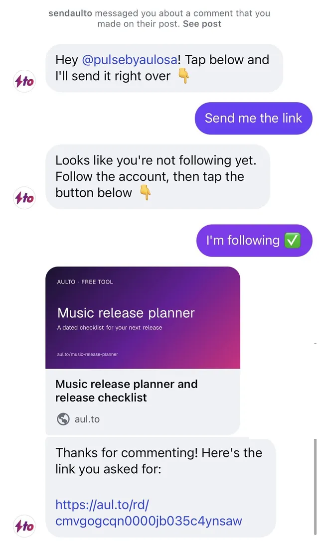 An Instagram conversation: a fan comments a keyword, Reply Drop sends a tap-to-send message, checks they follow, then sends the link